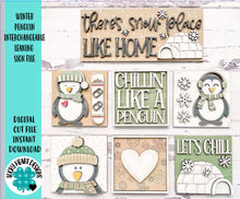 Load image into Gallery viewer, Winter Penguin Interchangeable Leaning Sign File SVG, Winter Tiered Tray, Glowforge, LuckyHeartDesignsCo
