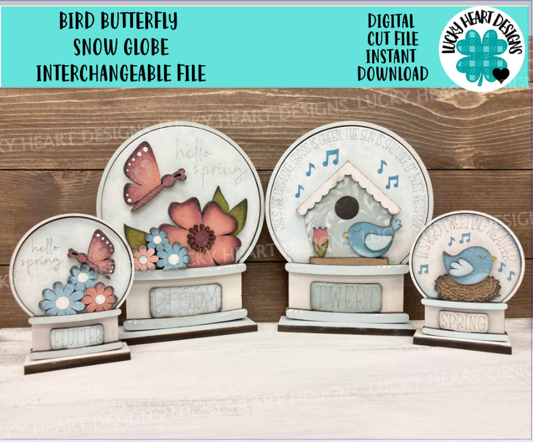 Bird Butterfly Spring Snow Globe Interchangeable File SVG, Glowforge, Birdhouse, Flower, Tiered Tray LuckyHeartDesignsCo