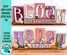 Load image into Gallery viewer, Bloom Happy Easter Reversible Blocks File SVG, Tiered Tray Spring, Bunny, Flowers, Glowforge, LuckyHeartDesignsCo
