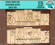 Load image into Gallery viewer, Honey Sweet Standing Reversible Letter Block File SVG, Summer Bumble Bee, Tiered Tray Glowforge, LuckyHeartDesignsCo
