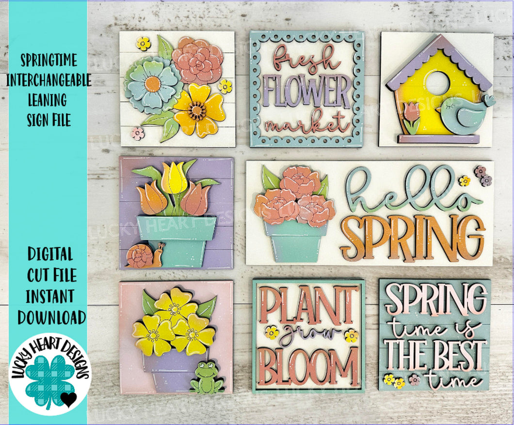 Springtime Interchangeable Leaning Sign File SVG, Birdhouse, Tulips, Tiered Tray Glowforge, LuckyHeartDesignsCo