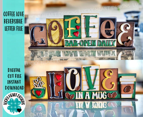 Coffee Love Reversible Blocks File SVG, Tiered Tray, Letters, Caffeine, Family, Glowforge, LuckyHeartDesignsCo