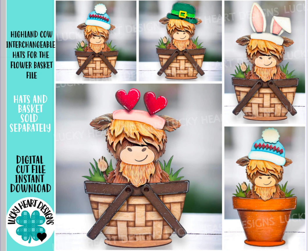 Highland Cow Interchangeable Hats For The Flower Basket File SVG, Christmas, Fall, Halloween, Tiered Tray, Glowforge, LuckyHeartDesignsCo
