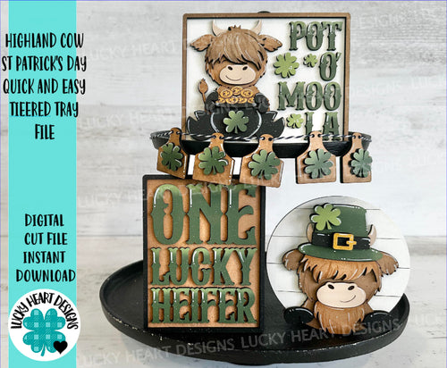 Highland Cow St Patricks Day Quick and Easy Tiered Tray File SVG, Glowforge Clover, Leprechaun, LuckyHeartDesignsCo