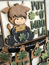 Load image into Gallery viewer, Highland Cow St Patricks Day Quick and Easy Tiered Tray File SVG, Glowforge Clover, Leprechaun, LuckyHeartDesignsCo
