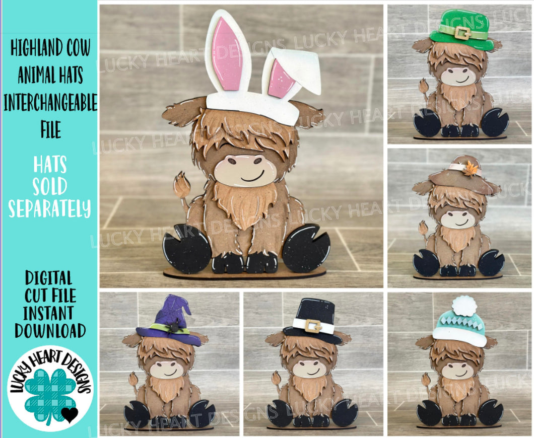 Highland Cow Animal Hats Interchangeable MINI File SVG, Seasonal Leaning sign, Holiday, Farm Tiered Tray Glowforge, LuckyHeartDesignsCo