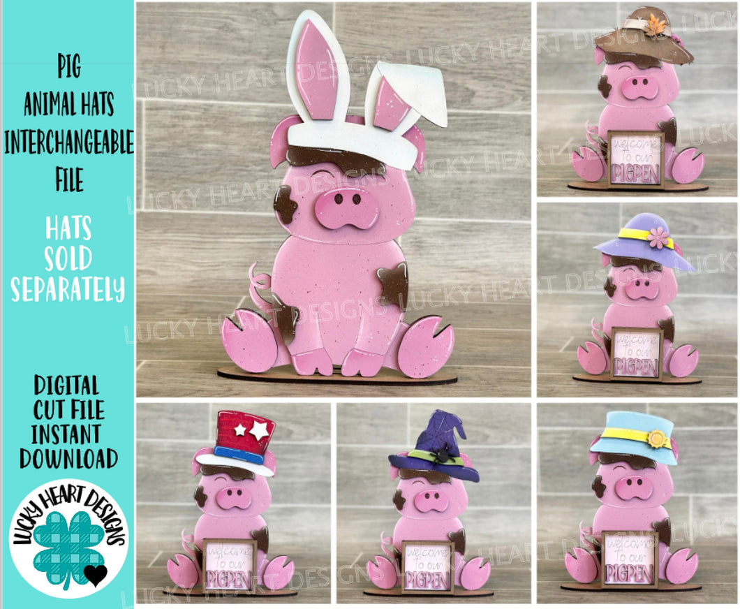 Pig Animal Hats Interchangeable MINI File SVG, Seasonal Leaning sign, Holiday, Farm Tiered Tray Glowforge, LuckyHeartDesignsCo