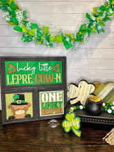 Load image into Gallery viewer, Highland Cow St. Patrick&#39;s Day Interchangeable Leaning Sign File SVG, Glowforge Tiered Tray, LuckyHeartDesignsCo
