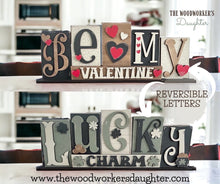 Load image into Gallery viewer, Lucky Charm Valentine Reversible Standing Blocks File SVG, Tiered Tray Valentines, St. Patrick&#39;s Day, Clover, Glowforge, LuckyHeartDesignsCo
