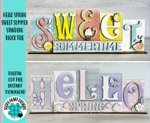 Hello Spring Sweet Summer Standing Reversible Blocks File SVG, Tiered Tray Glowforge, LuckyHeartDesignsCo