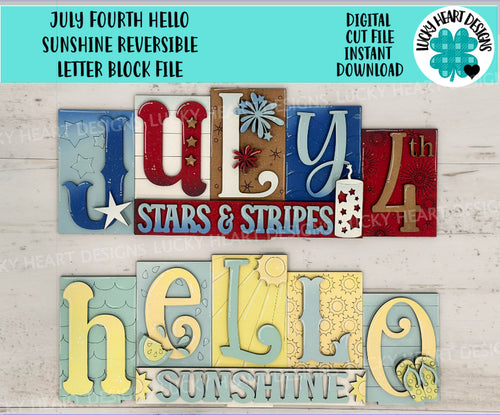 July Fourth Hello Sunshine Standing Reversible Blocks File SVG, Summer, Fourth of July, Tiered Tray Glowforge, LuckyHeartDesignsCo