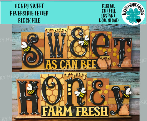 Honey Sweet Standing Reversible Letter Block File SVG, Summer Bumble Bee, Tiered Tray Glowforge, LuckyHeartDesignsCo