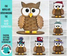 Load image into Gallery viewer, Owl Animal Hats Interchangeable MINI File SVG, Seasonal Leaning sign, Christmas, Holiday, Pet, Tiered Tray Glowforge, LuckyHeartDesignsCo
