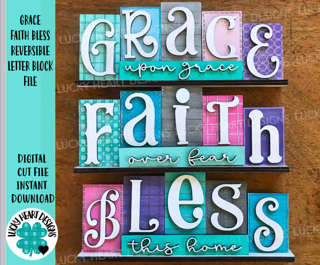 Grace Faith Bless Reversible Blocks File SVG, Tiered Tray, Home, Religious, Scrabble, Family, Glowforge, LuckyHeartDesignsCo