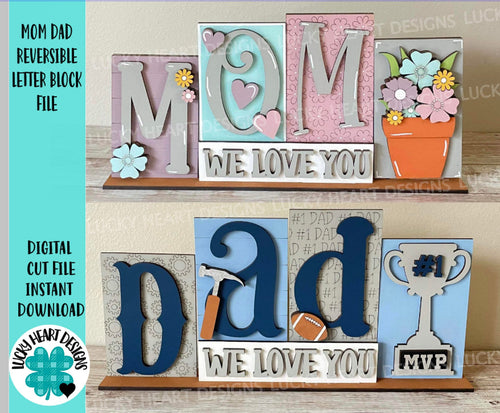 Mom Dad Reversible Blocks File SVG, Tiered Tray, Letters, Mother's Day. Father's Day, Scrabble, Family, Glowforge, LuckyHeartDesignsCo
