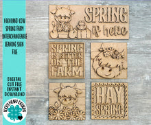 Load image into Gallery viewer, Highland Cow Spring Farm Interchangeable Leaning Sign File SVG, Glowforge Farm, Flower, Frog, Tiered Tray, Spring, LuckyHeartDesignsCo
