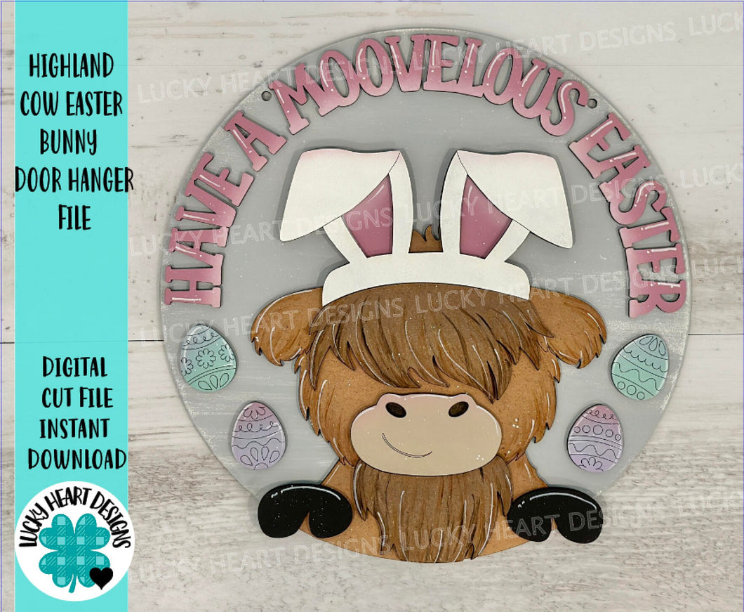 Highland Cow Easter Bunny Door Hanger File SVG, Glowforge, Farm, Sign, Egg, LuckyHeartDesignsCo