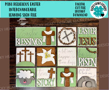 Load image into Gallery viewer, MINI Religious Easter Interchangeable Leaning Sign File SVG, Jesus, Tomb, Bunny, Lamb, Tiered Tray Glowforge, LuckyHeartDesignsCo
