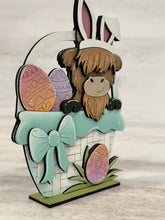 Load image into Gallery viewer, Highland Cow Easter Bunny Basket File SVG, Glowforge Tiered Tray, Farm, Egg, LuckyHeartDesignsCo
