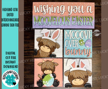 Load image into Gallery viewer, Highland Cow Easter Interchangeable Leaning Sign File SVG, Glowforge Farm, Bunny, Tiered Tray, Spring, LuckyHeartDesignsCo
