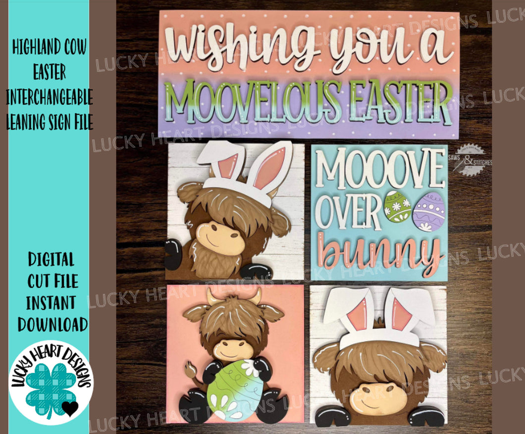Highland Cow Easter Interchangeable Leaning Sign File SVG, Glowforge Farm, Bunny, Tiered Tray, Spring, LuckyHeartDesignsCo