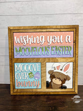 Load image into Gallery viewer, Highland Cow Easter Interchangeable Leaning Sign File SVG, Glowforge Farm, Bunny, Tiered Tray, Spring, LuckyHeartDesignsCo

