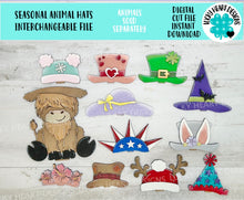 Load image into Gallery viewer, Seasonal Animal Hats Interchangeable Extras MINI File SVG, Seasonal sign, Holiday, Cow, Pet, Farm Tiered Tray Glowforge, LuckyHeartDesignsCo
