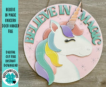 Load image into Gallery viewer, Believe in Magic Unicorn Door Hanger Sign File SVG, Spring Flower, Horse, Floral, Girls, Glowforge, LuckyHeartDesignsCo
