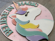 Load image into Gallery viewer, Believe in Magic Unicorn Door Hanger Sign File SVG, Spring Flower, Horse, Floral, Girls, Glowforge, LuckyHeartDesignsCo
