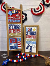 Load image into Gallery viewer, Fireworks Interchangeable Leaning Sign File SVG, Fourth of July, Americaa, USA, Glowforge, LuckyHeartDesignsCo

