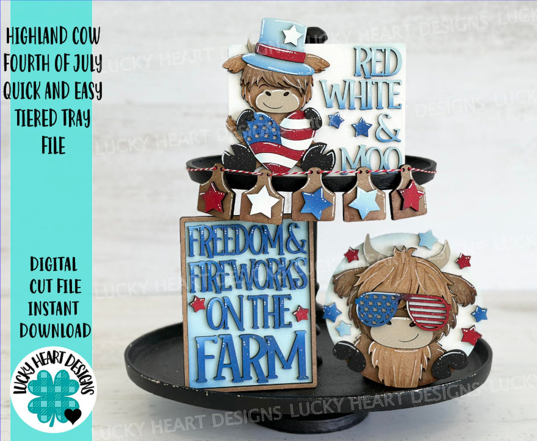 Highland Cow Fourth of July Quick and Easy Tiered Tray File SVG, Farm, USA, Glowforge America Tier Tray, LuckyHeartDesignsCo