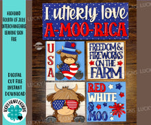 Load image into Gallery viewer, Highland Fourth of July Interchangeable Leaning Sign File SVG, Fourth of July, Farm, America, USA, Glowforge, LuckyHeartDesignsCo
