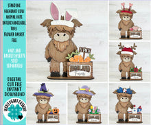 Load image into Gallery viewer, Standing Highland Cow Animal Hats Interchangeable TINY Flower Basket File SVG, Leaning sign, Holiday, Glowforge, LuckyHeartDesignsCo

