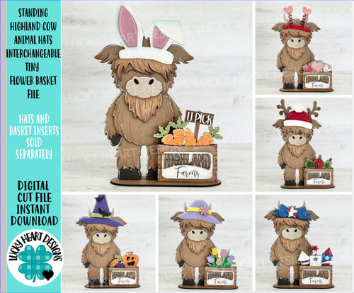 Standing Highland Cow Animal Hats Interchangeable TINY Flower Basket File SVG, Leaning sign, Holiday, Glowforge, LuckyHeartDesignsCo