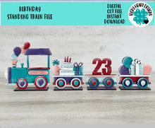Load image into Gallery viewer, Birthday Standing Train File SVG, Balloons, Cake, Cupcake, Candles, Celebrate, Tiered Tray Glowforge, LuckyHeartDesignsCo
