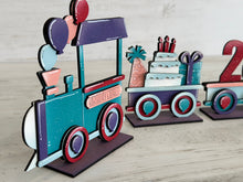 Load image into Gallery viewer, Birthday Standing Train File SVG, Balloons, Cake, Cupcake, Candles, Celebrate, Tiered Tray Glowforge, LuckyHeartDesignsCo
