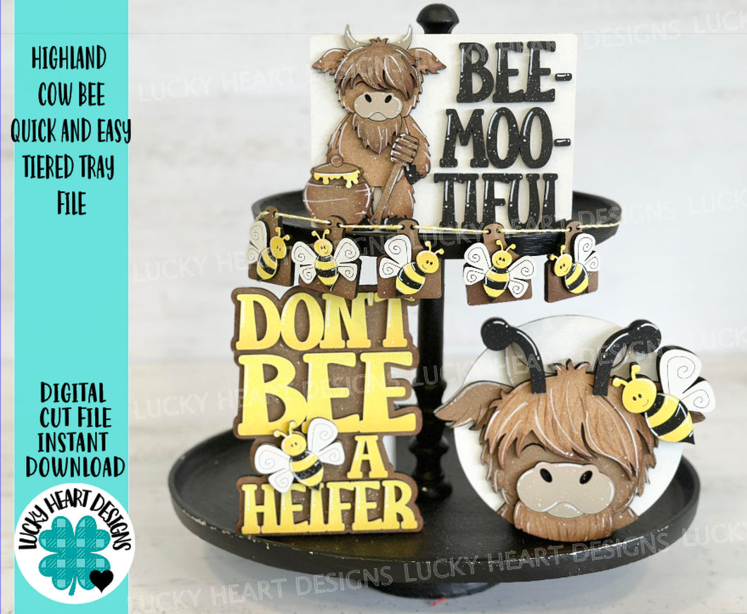 Highland Cow Bee Honey Quick and Easy Tiered Tray File SVG, Glowforge, Farm Bumble, Lucky Heart Designs