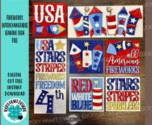 Load image into Gallery viewer, Fireworks Interchangeable Leaning Sign File SVG, Fourth of July, Americaa, USA, Glowforge, LuckyHeartDesignsCo
