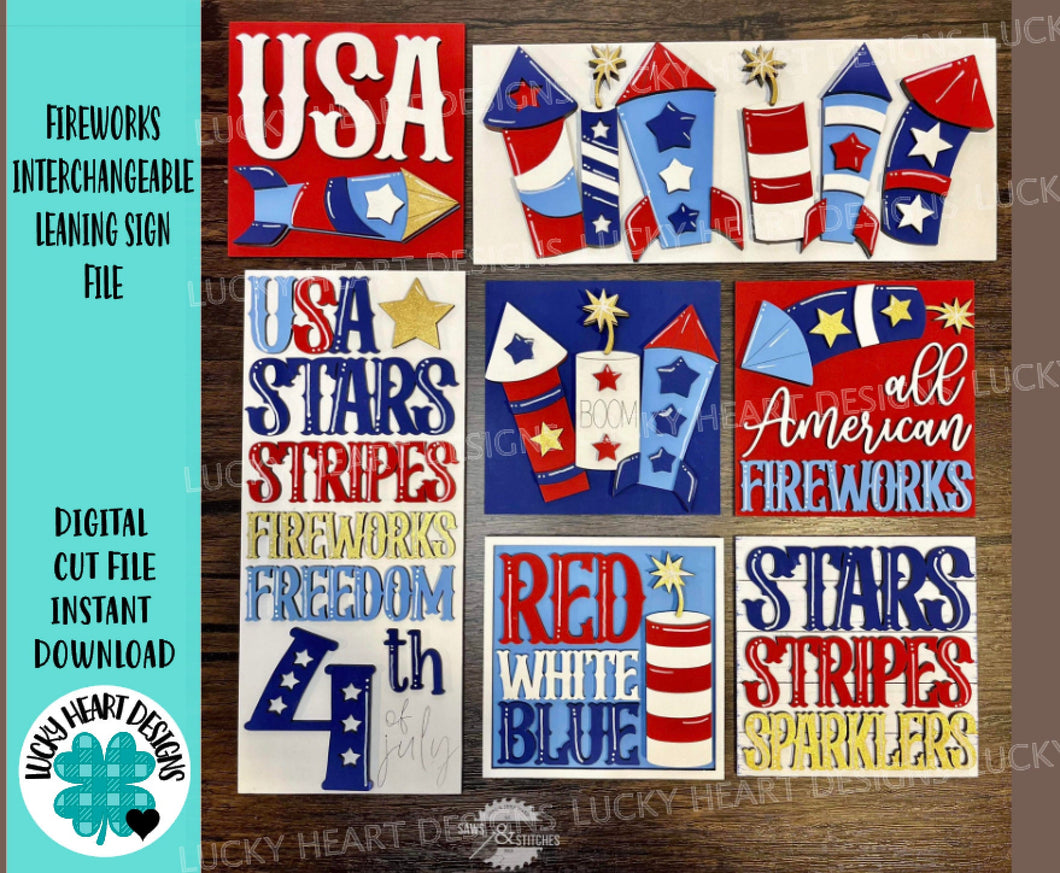 Fireworks Interchangeable Leaning Sign File SVG, Fourth of July, Americaa, USA, Glowforge, LuckyHeartDesignsCo