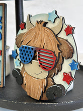 Load image into Gallery viewer, Highland Cow Fourth of July Quick and Easy Tiered Tray File SVG, Farm, USA, Glowforge America Tier Tray, LuckyHeartDesignsCo
