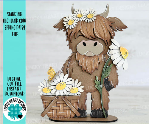 Standing Highland Cow Spring Daisy File SVG, Glowforge, Flower, Farm, Tiered Tray LuckyHeartDesignsCo