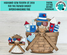 Load image into Gallery viewer, Highland Cow Fourth of July For The Flower Basket Interchangeable File SVG, America, USA, Tiered Tray, TINY, Glowforge, LuckyHeartDesignsCo
