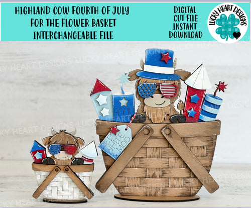 Highland Cow Fourth of July For The Flower Basket Interchangeable File SVG, America, USA, Tiered Tray, TINY, Glowforge, LuckyHeartDesignsCo