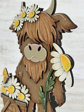 Load image into Gallery viewer, Standing Highland Cow Spring Daisy File SVG, Glowforge, Flower, Farm, Tiered Tray LuckyHeartDesignsCo
