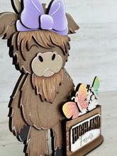 Load image into Gallery viewer, Standing Highland Cow Animal Hats Interchangeable TINY Flower Basket File SVG, Leaning sign, Holiday, Glowforge, LuckyHeartDesignsCo
